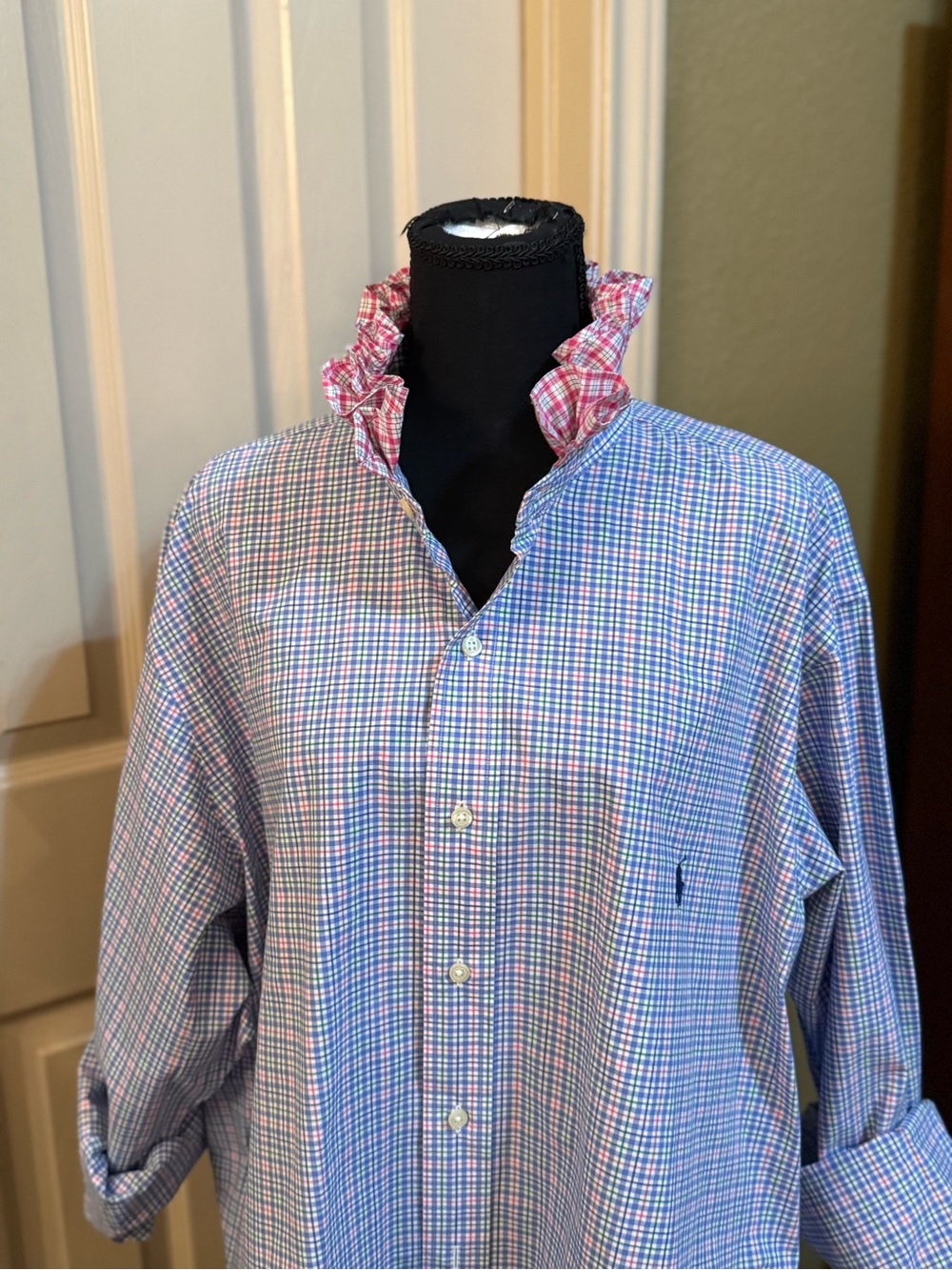 Upcycled PlMen's Plaid Button-Down Shirt with Contrast Ruffle Collar - Blue/Pink